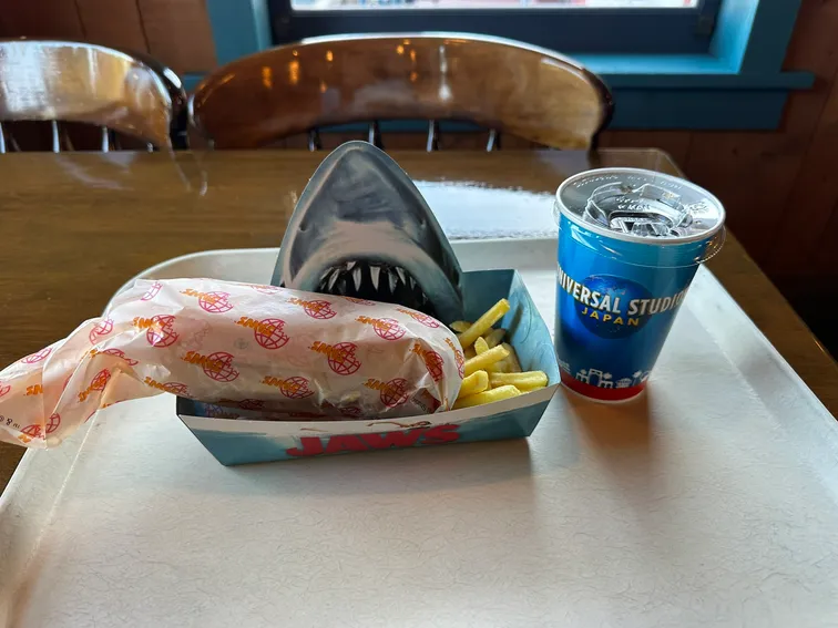 Fries, a sandwich, and a drink at the Jaws-themed restaurant